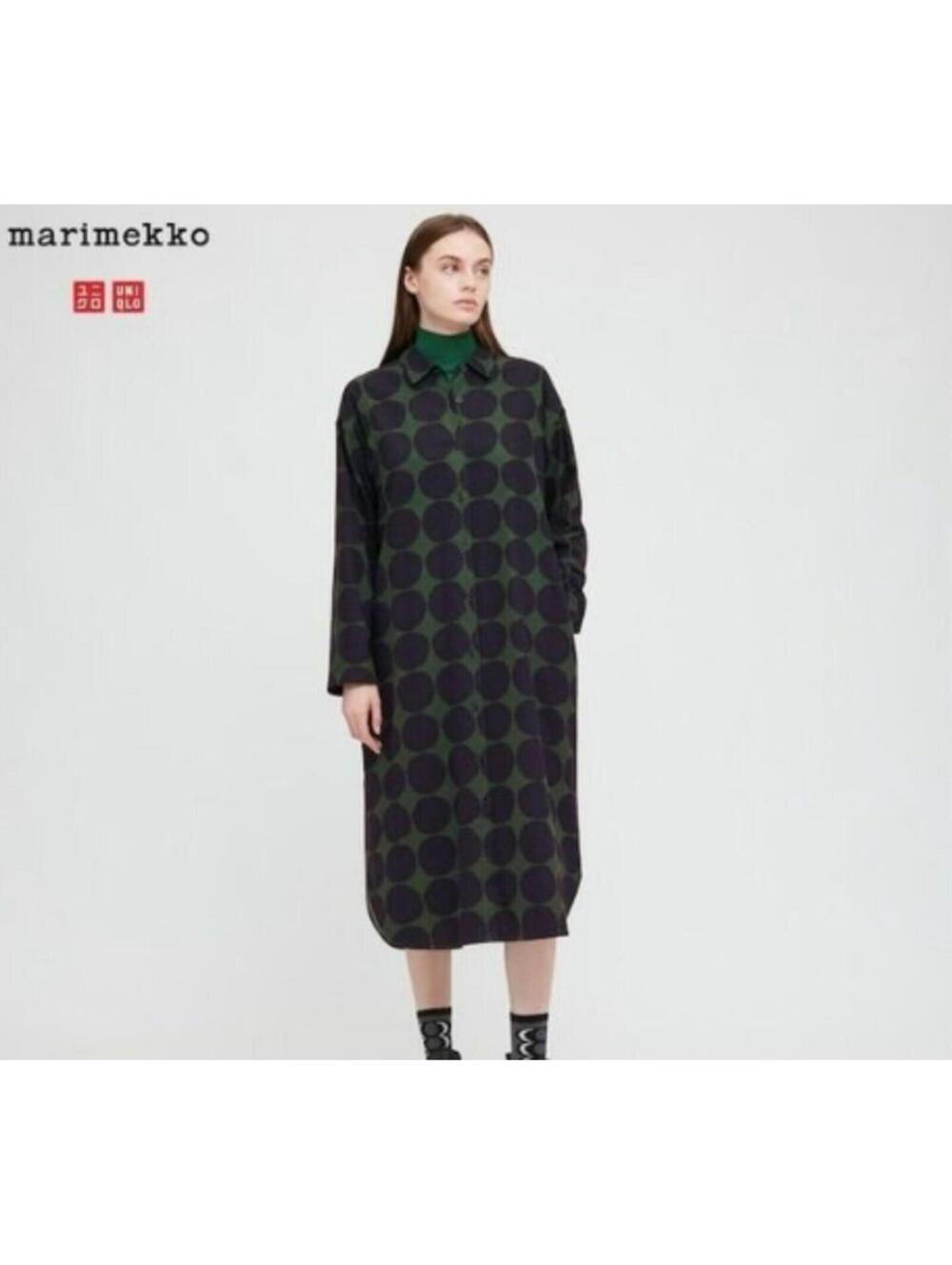Marimekko Uniqlo Long Sleeve Flannel Shirt Dress Women’s XS Green/Black Circles - Picture 3 of 8